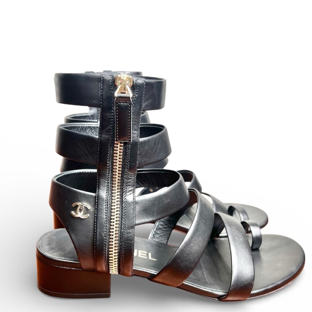 Chanel 2018 Black Leather Gladiator Multi Strap Block Heel Sandals Size 38 - Picture 3 of 9